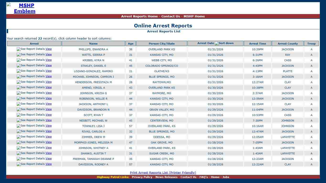 Missouri State Highway Patrol - Arrest Reports List